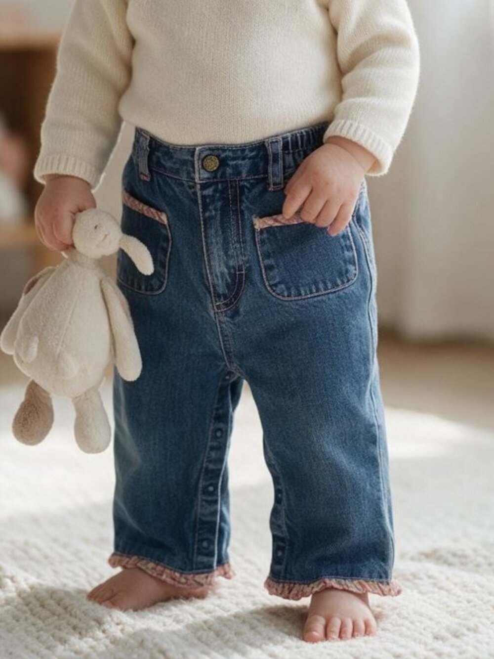 The Children's Place Plaid Ruffle Hems Blue Denim Jeans Size 12 Months